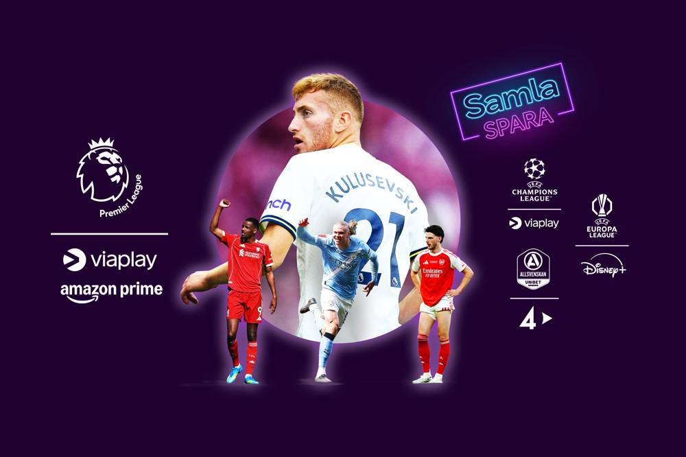 Fotbollsspelaren Dejan Kulusevski tillsammans med logotyper av sporträttigheterna och streamingtjänsterna som ingår i Stora sportpaketet – såsom Premier League på Viaplay och Amazon Prime.