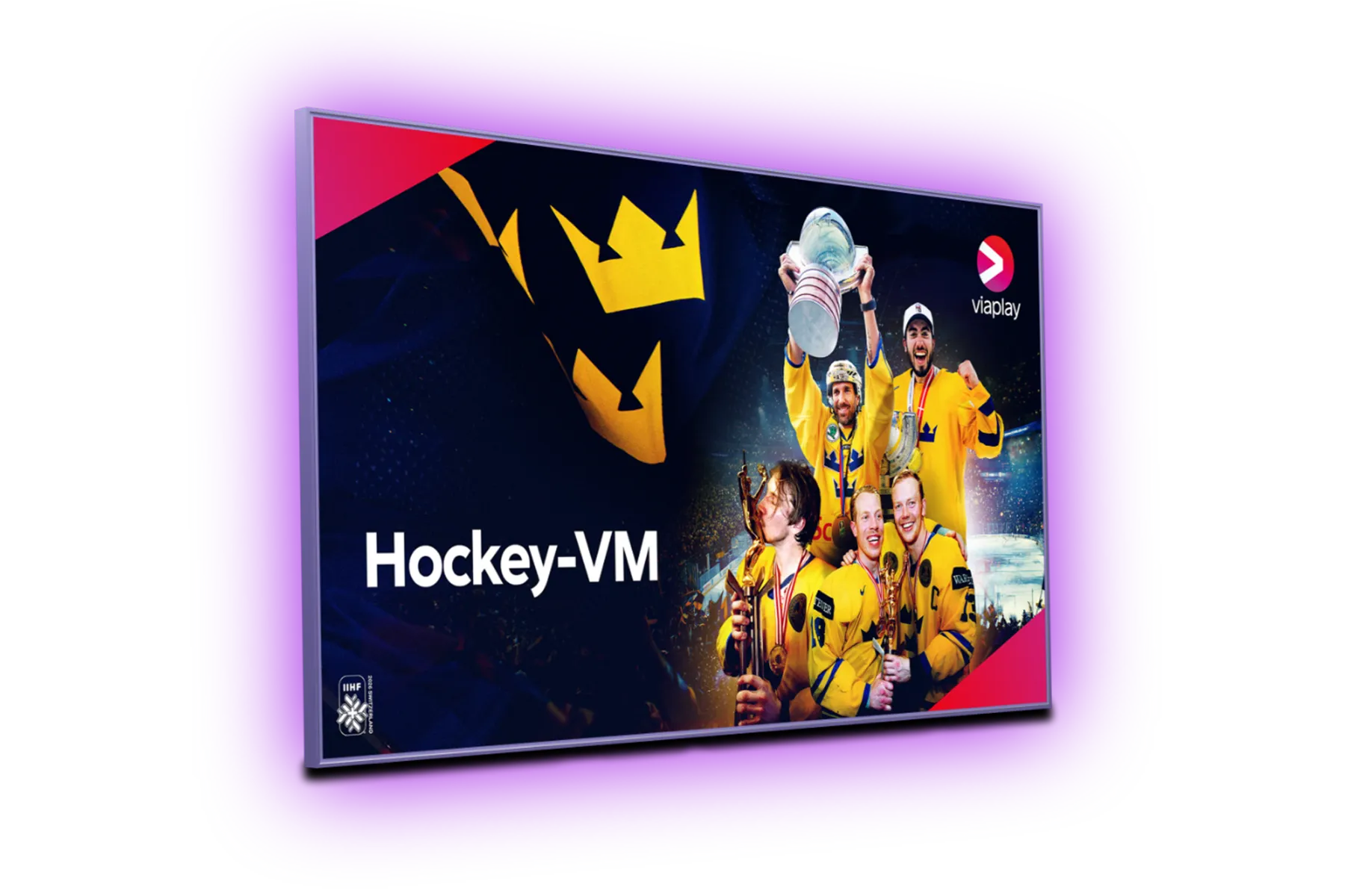 En tv-skärm med aktuella ishockeyspelare från det svenska landslaget i hockey-VM 2026 tillsammans med Viaplay och IIHF:s logotyper.