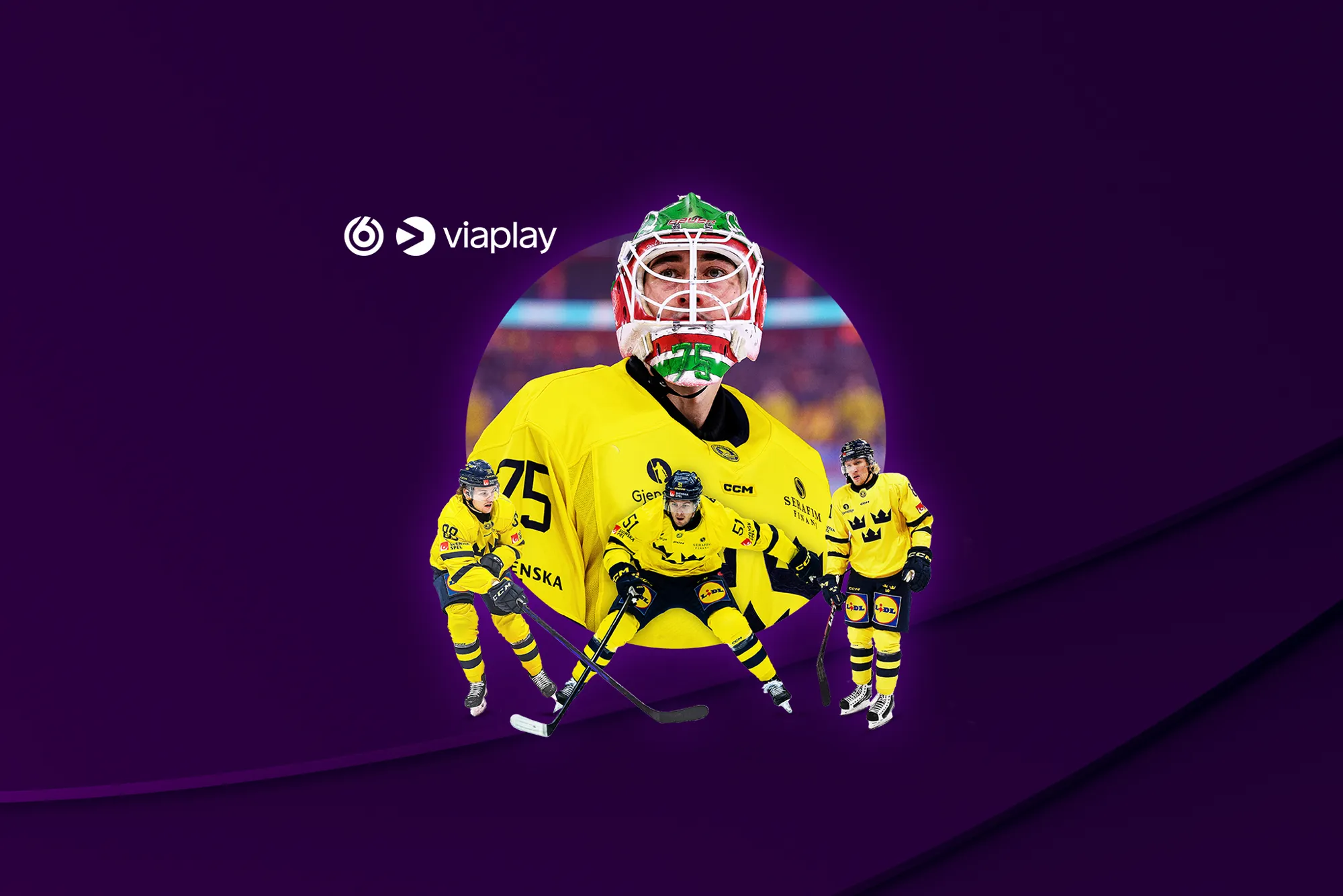 TV6 och Viaplay's logotyper tillsammans med aktuella ishockeyspelare från det svenska landslaget. Streama hockey-VM 2025 på Viaplay och TV6 med Telia!