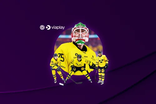TV6 och Viaplay's logotyper tillsammans med aktuella ishockeyspelare från det svenska landslaget. Streama hockey-VM 2025 på Viaplay och TV6 med Telia!