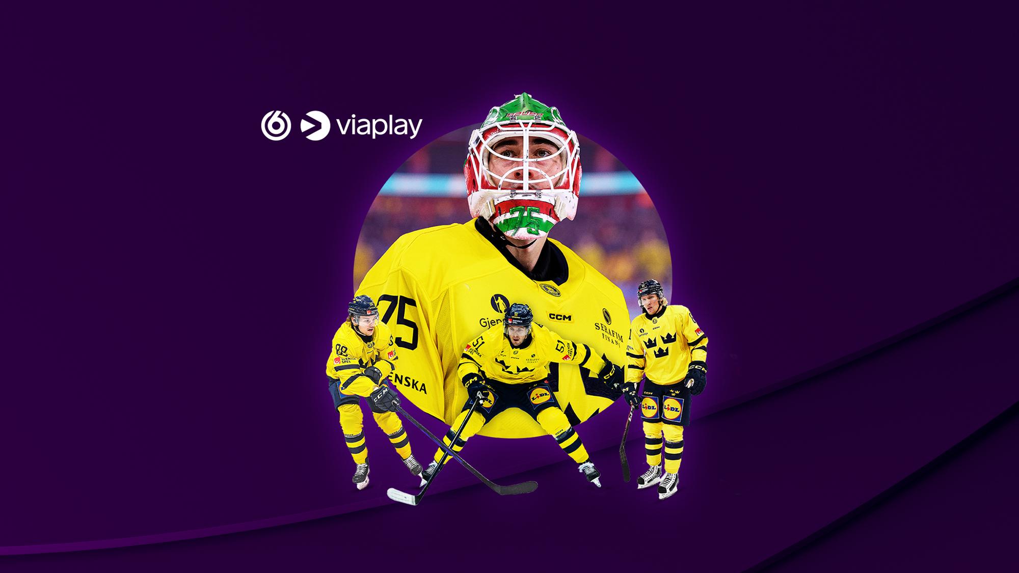 TV6 och Viaplay's logotyper tillsammans med aktuella ishockeyspelare från det svenska landslaget. Streama hockey-VM 2025 på Viaplay och TV6 med Telia!