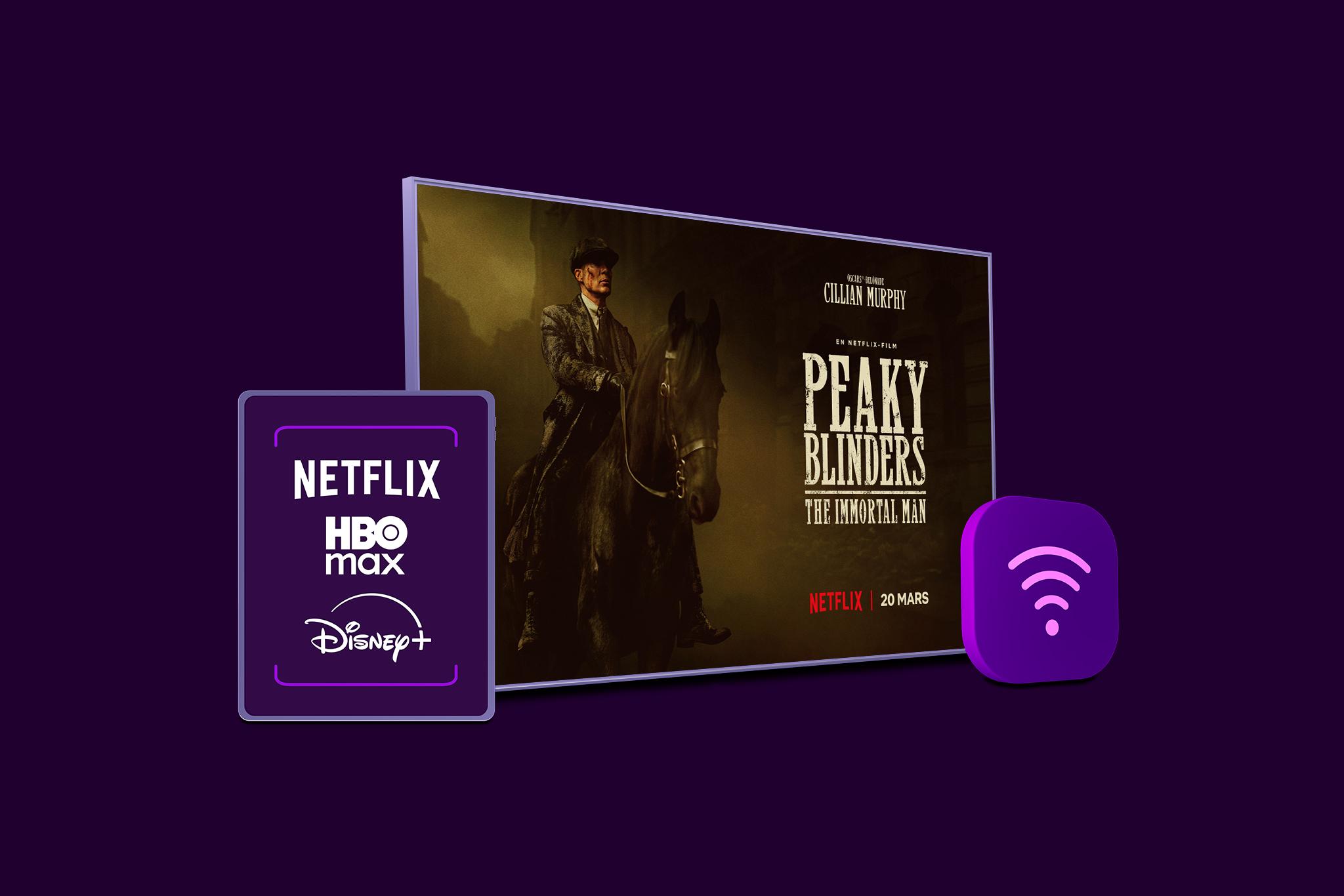 Netflix, HBO Max och Disney+ logotyper med en wifi-symbol och en tv-skärm med innehåll från Peaky Blinders på Netflix som symboliserar vårt paket med bredband, tv och streaming. Samla allt på ett ställe till paketpris nu!