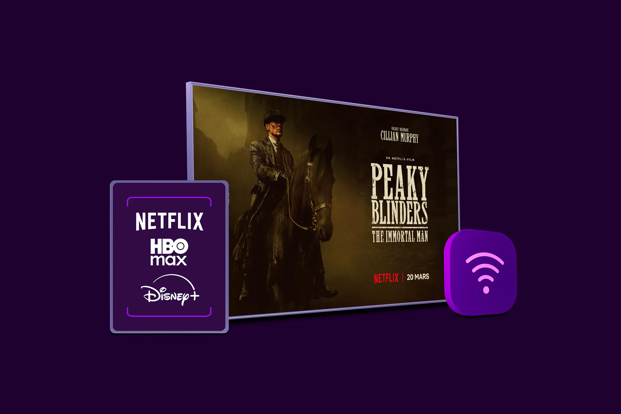 Netflix, HBO Max och Disney+ logotyper med en wifi-symbol och en tv-skärm med innehåll från Peaky Blinders på Netflix som symboliserar vårt paket med bredband, tv och streaming. Samla allt på ett ställe till paketpris nu!