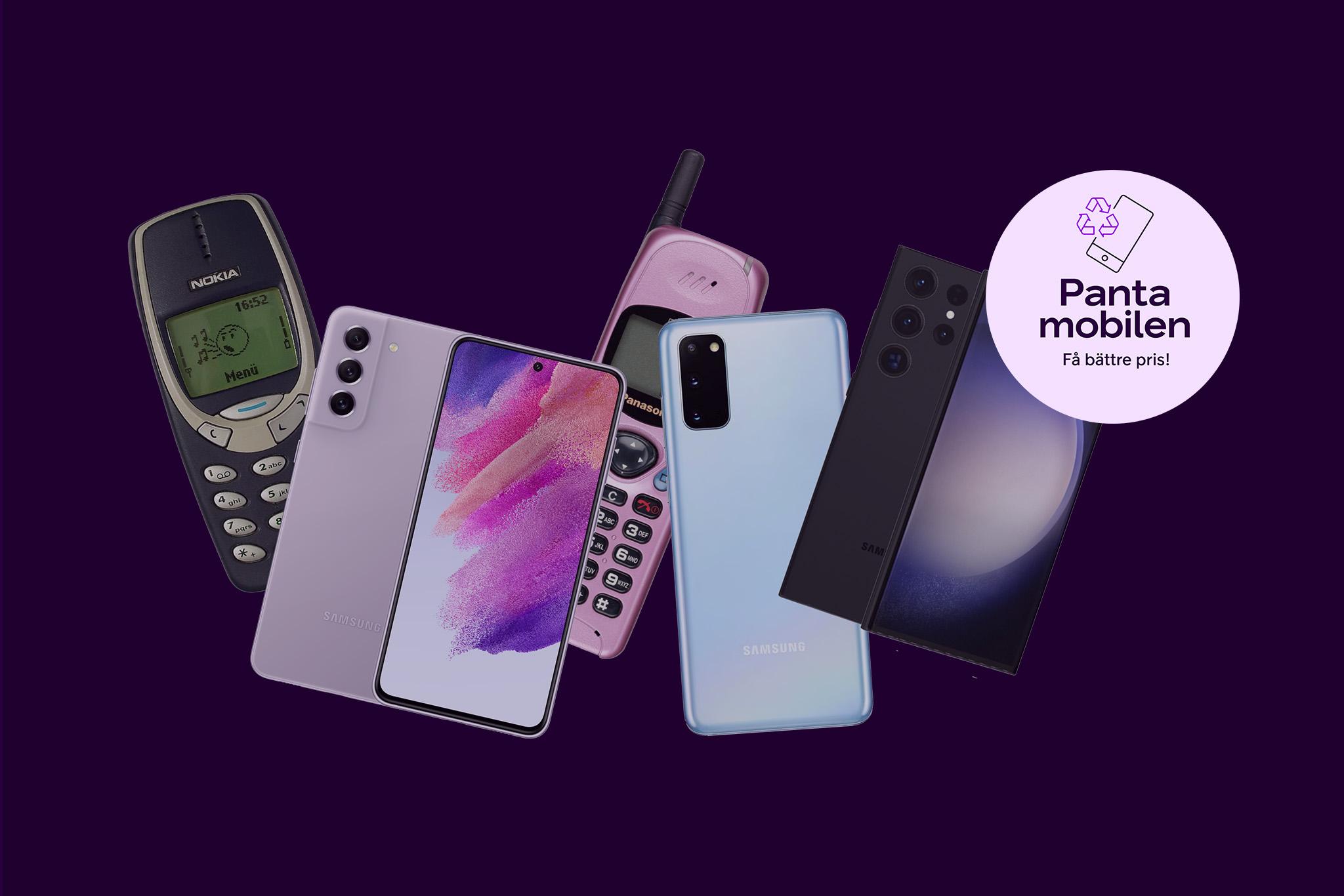 Mobiltelefoner i äldre modeller på lila bakgrund, splash med texten "Panta mobilen – Få bättre pris"