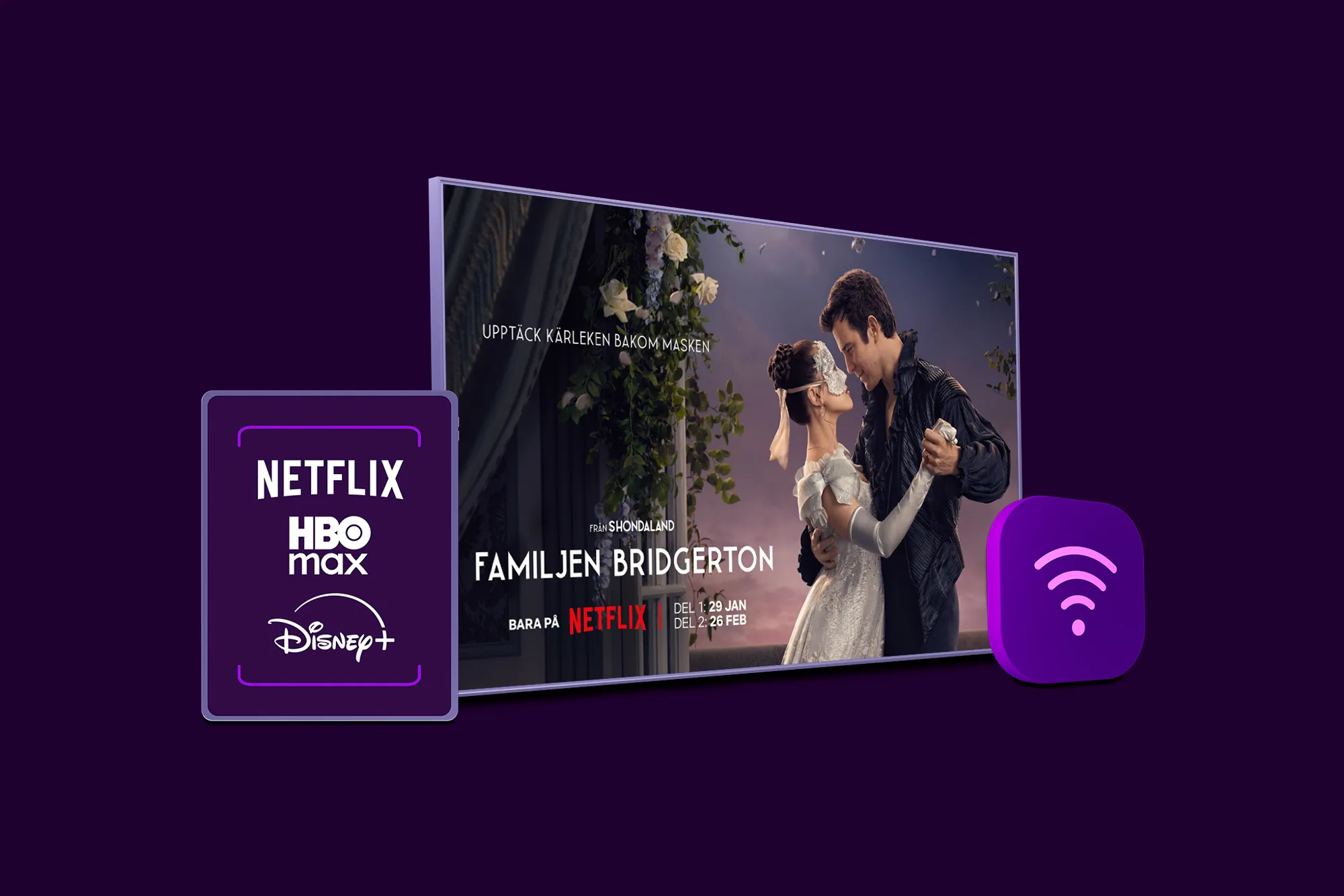 Netflix, Disney+ och HBO Max logotyper med en wifi-symbol och en tv-skärm med innehåll från Familjen Bridgerton på Netflix som symboliserar vårt paket med bredband, tv och streaming. Samla allt på ett ställe till paketpris nu!