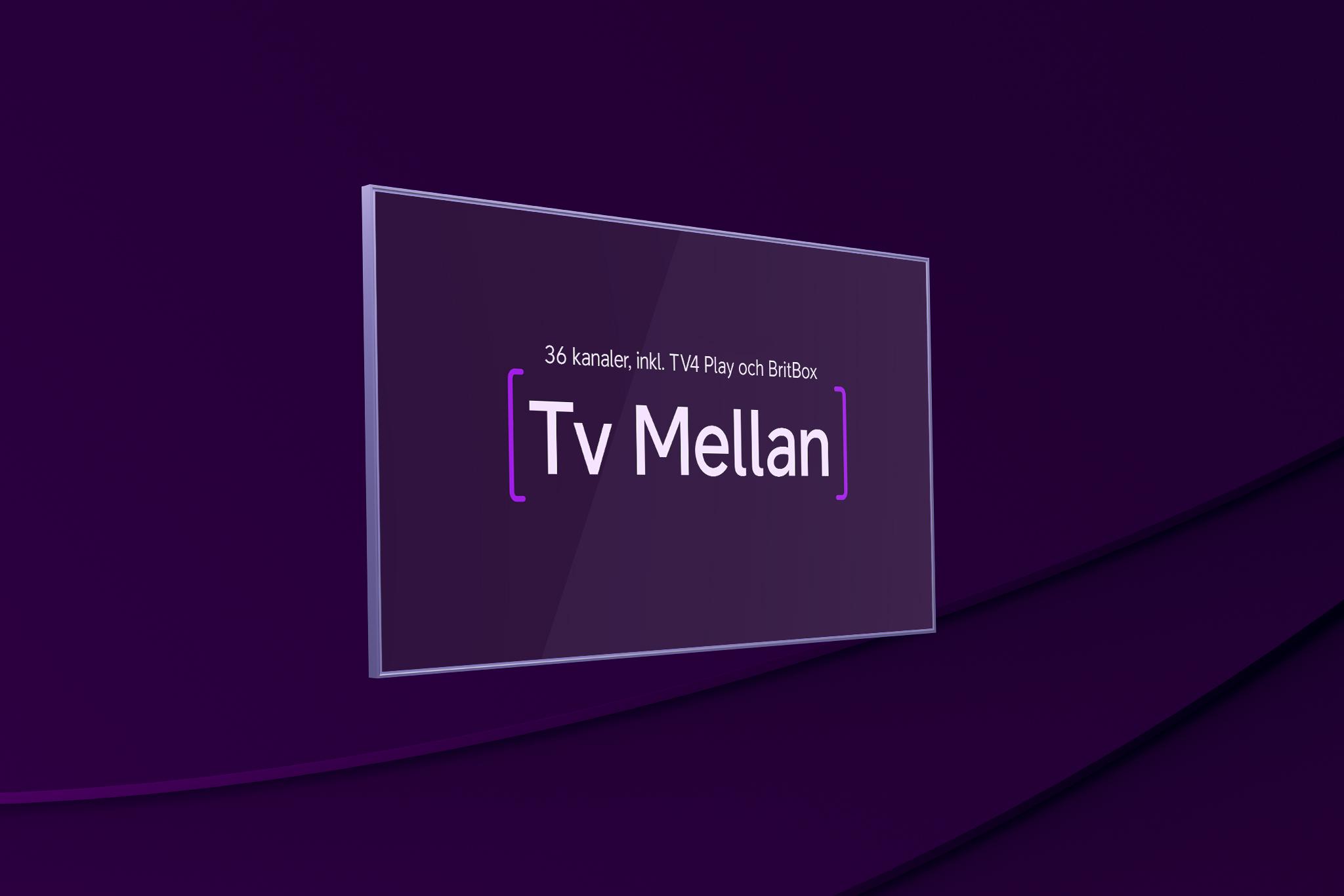 Tv-skärm med texten "Tv Mellan" och "36 kanaler inkl. TV4 Play och BritBox" ovanför, mot mörklila bakgrund – som representerar vårt populära tv-paket Tv Mellan.
