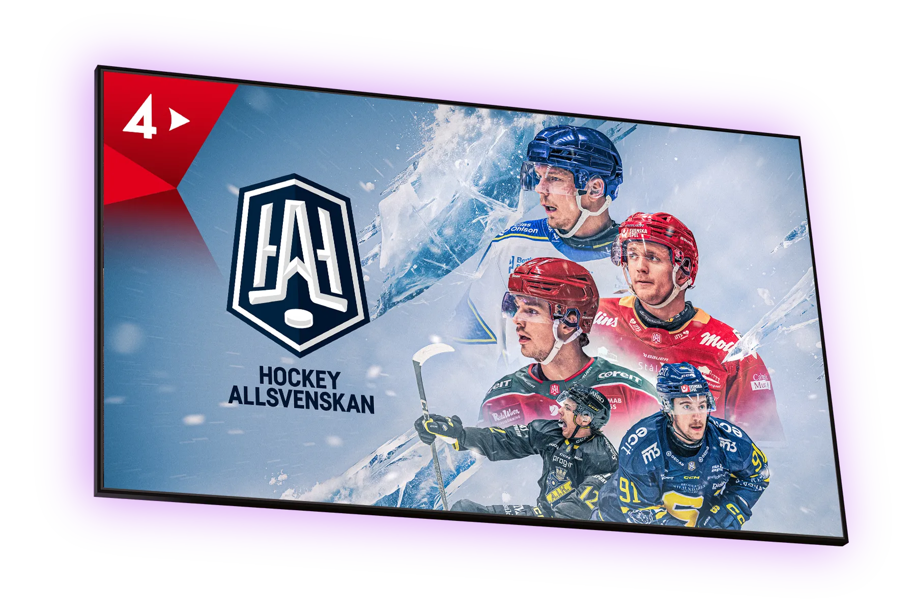 Tv-skärm med aktuella hockeyspelare från HockeyAllsvenskan 2026 som du kan streama på TV4 Play.