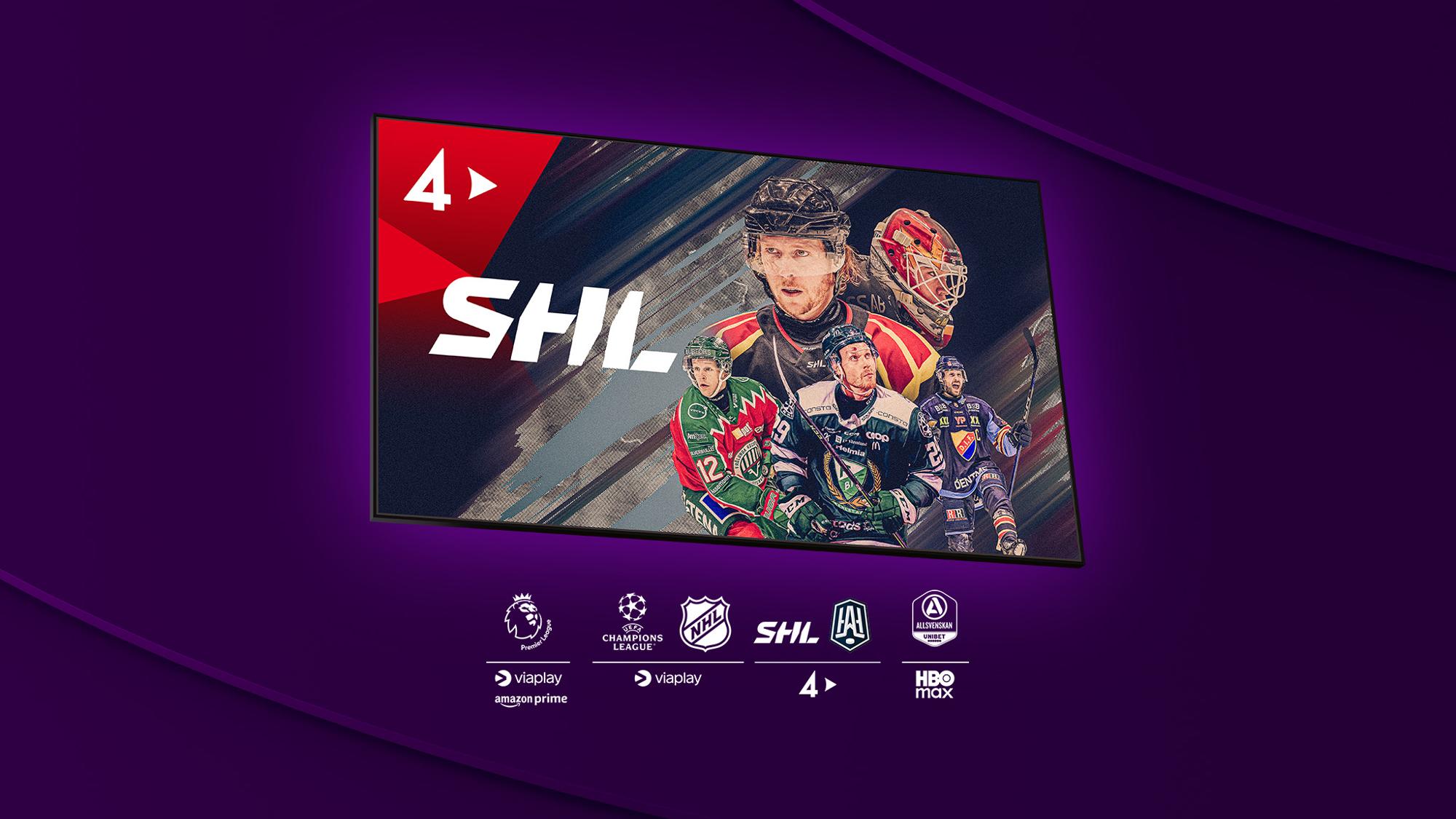 Aktuella hockeyspelare från SHL 2025, som du kan streama på TV4 Play i höst, med loggor på respektive streamingtjänst och dess sporträttigheter som vårt största sportpaket innehåller.  Köp Största sportpaketet på Telia nu!