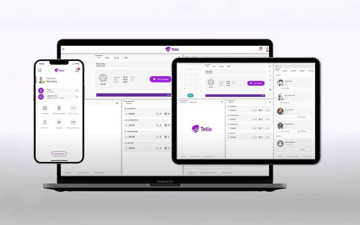 Devices med Telias företagsväxel Smart Connect, rosa bakgrund