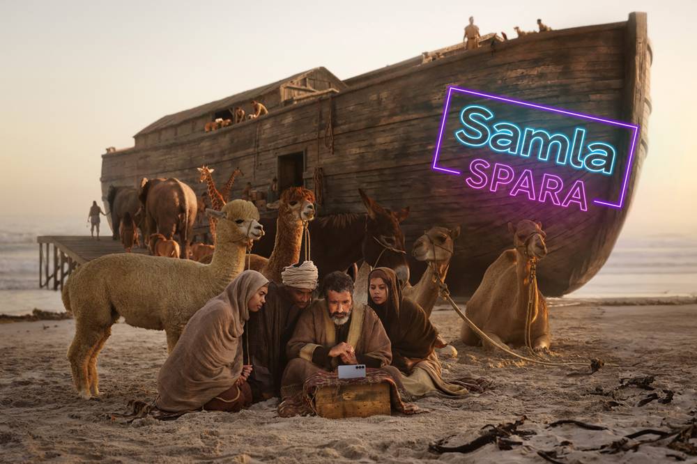 Brandkampanj 2026 Telia - Samla spara-neonskylt, Noaks ark djur och människor kollar på mobil