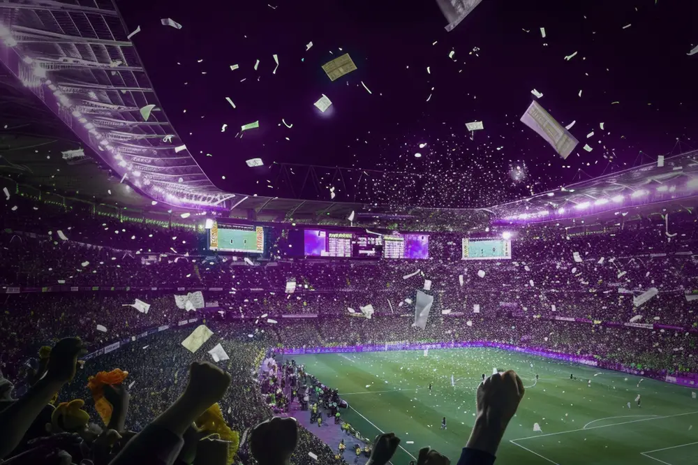 Publik som jublar och sträcker upp händerna i ett konfettiregn under en fotbollsmatch.