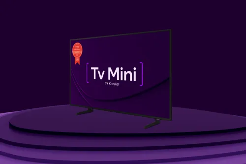 En 55" Smart TV från Samsung med texten "Tv Mini" och "19 kanaler" som representerar vårt populära tv-paket Tv Mini.