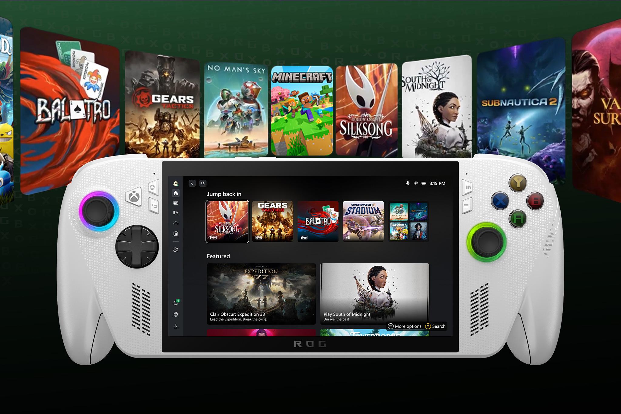 Nylanserade, handhållna spelkonsolen ROG Xbox Ally i färgen vit. Testa mängder av olika spel med Microsofts Xbox Game Pass Ultimate.
