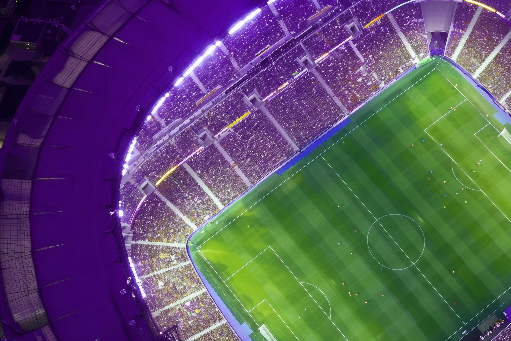 En upplyst fotbollsstadion fylld med åskådare i publiken runtomkring fotbollsplanen. 