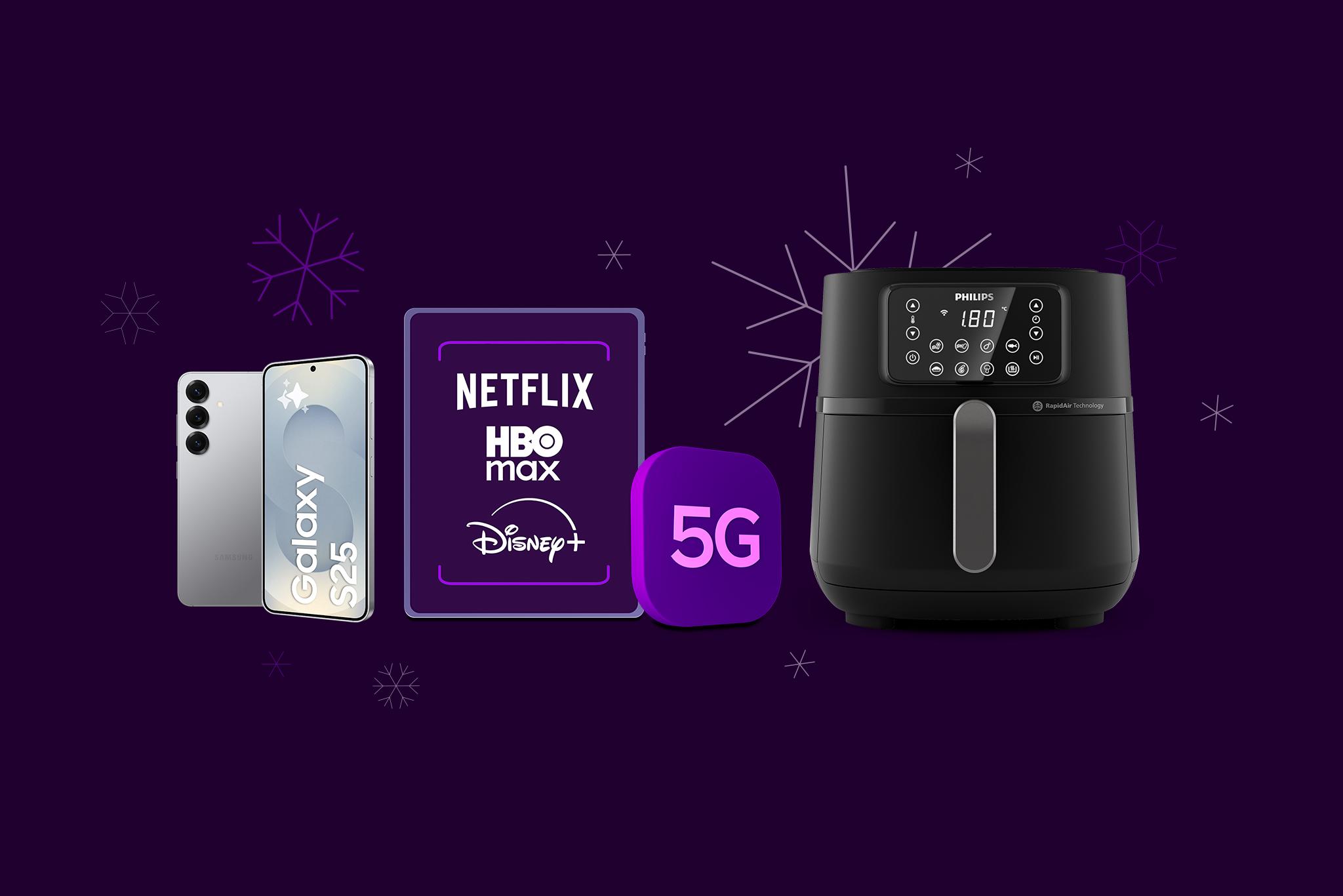 Galaxy S25, abonnemang med netflix, disney+ & HBO Max, 5G ikon och Airfryer med snöflingor