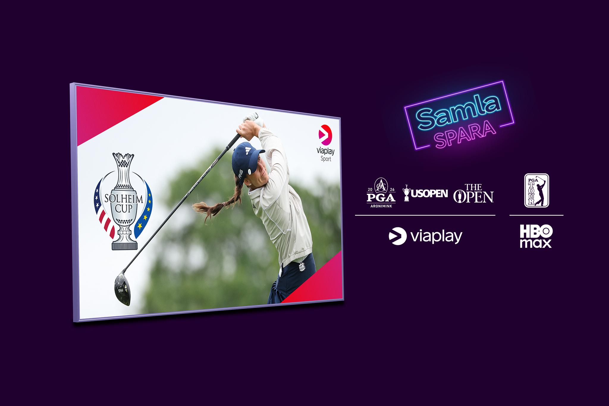 En tv-skärm med Solheim Cup tillsammans med HBO Max och Viaplays logotyper och dess sporträttigheter som ingår i Golfpaketet.