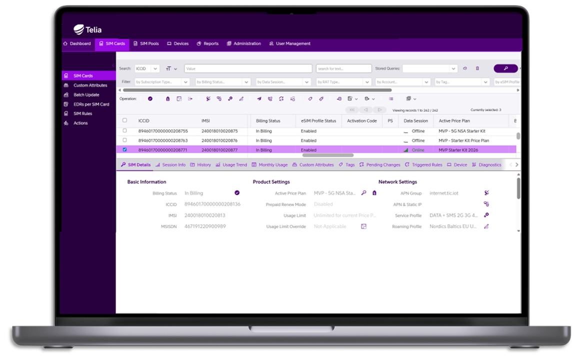 Telia IOT Connects portal i desktopvy.