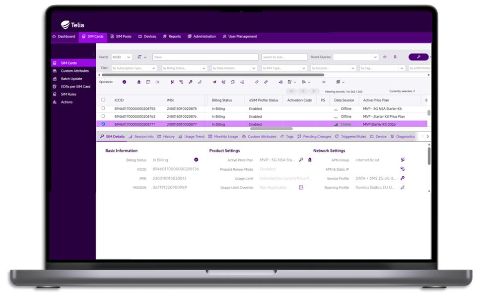 Telia IOT Connects portal i desktopvy.