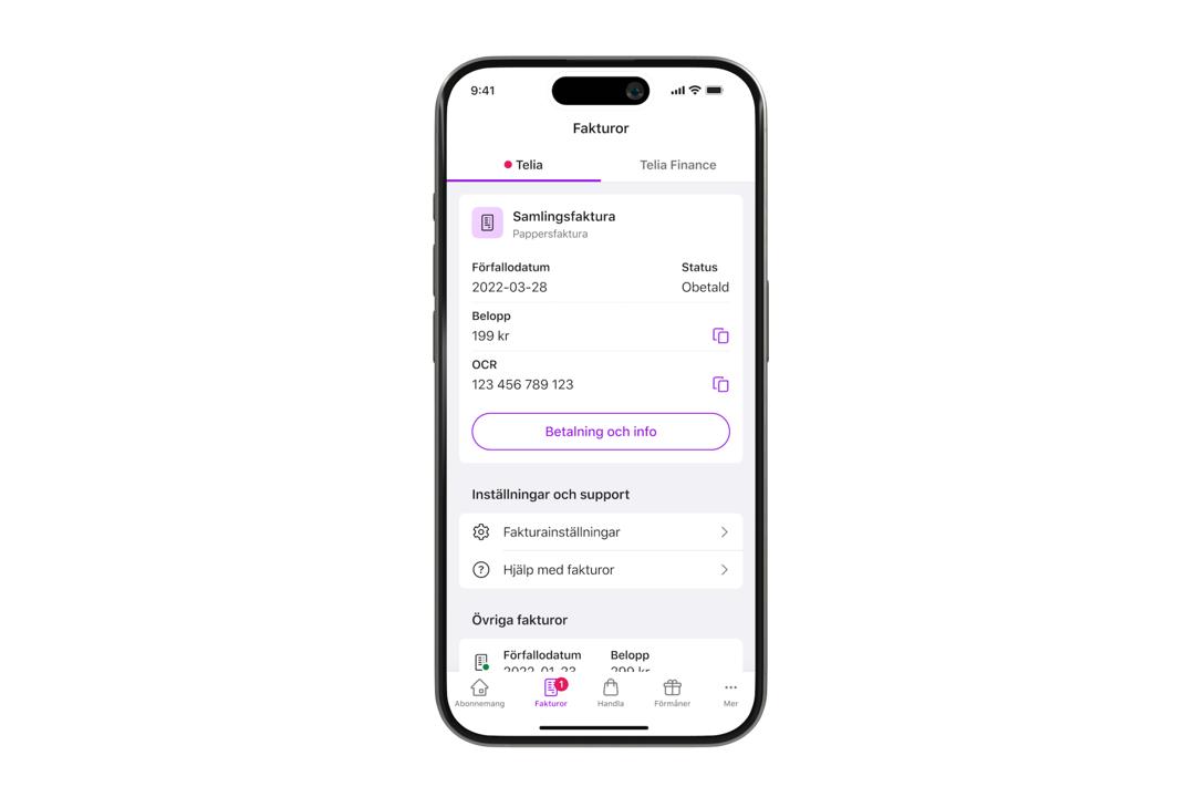 Mockup på Mitt Telia-appen: Vit bakgrund, en skärm som visar appens fakturor-sida