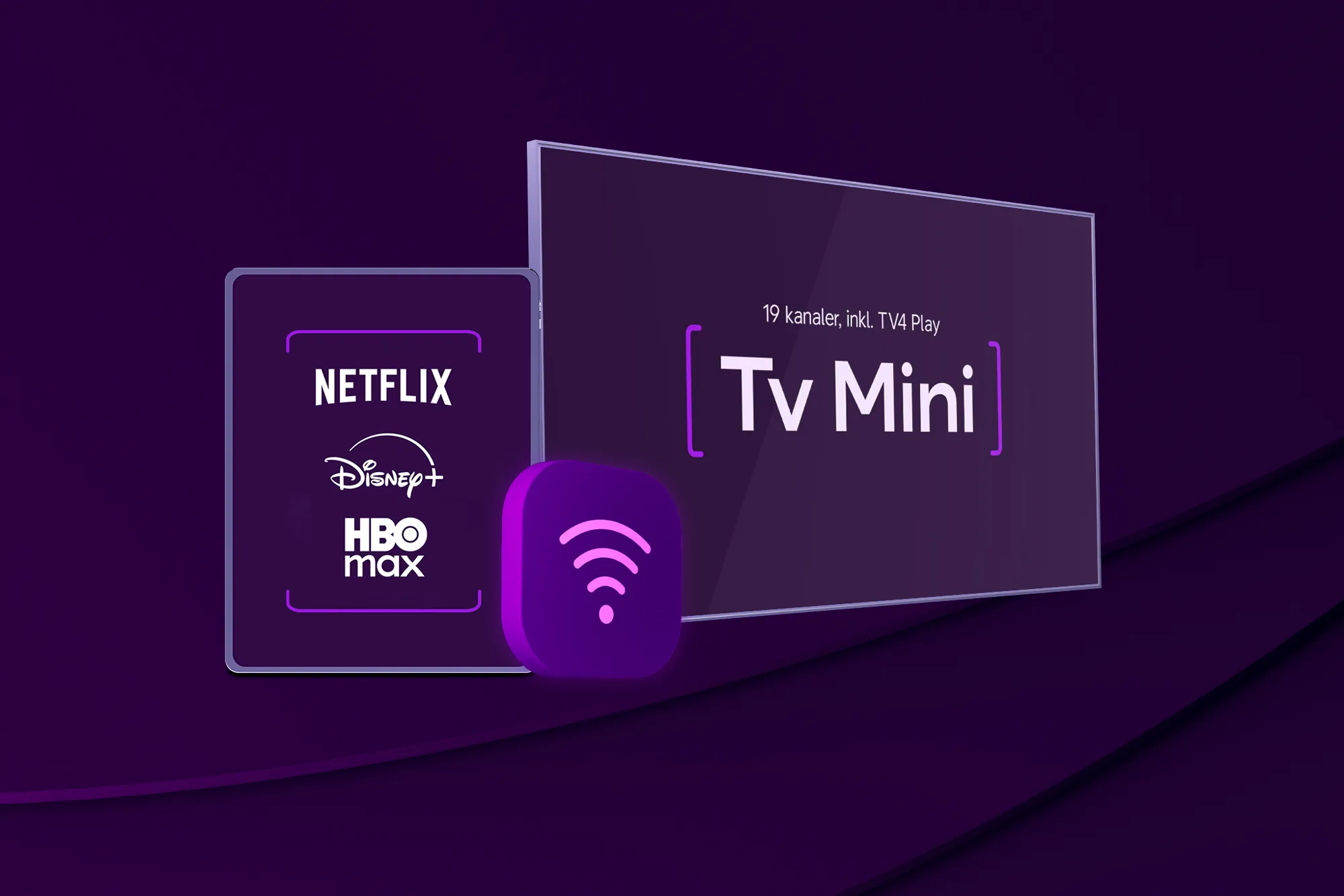 En bricka med Netflix, Disney+ och HBO Max logotyper med en wifi-symbol och en tv-skärm bredvid med texten "Tv Mini" och "19 kanaler, inkl. TV4 Play" som representerar vårt mest maxade paket.