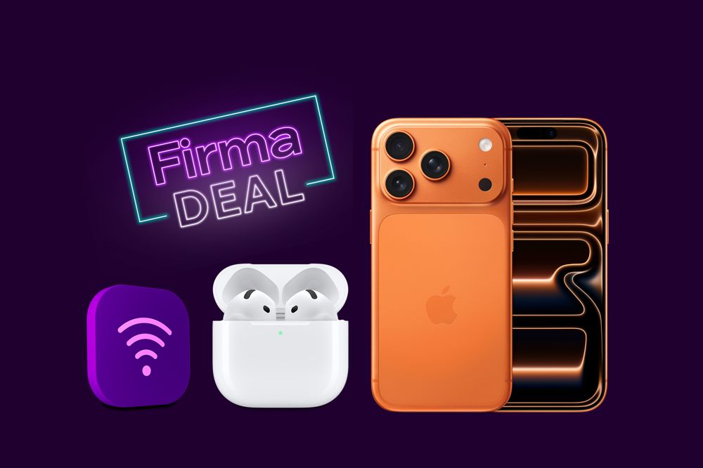 Apple AirPods 4 och iPhone 17 Pro med lila bakgrund – Firma deal från Telia