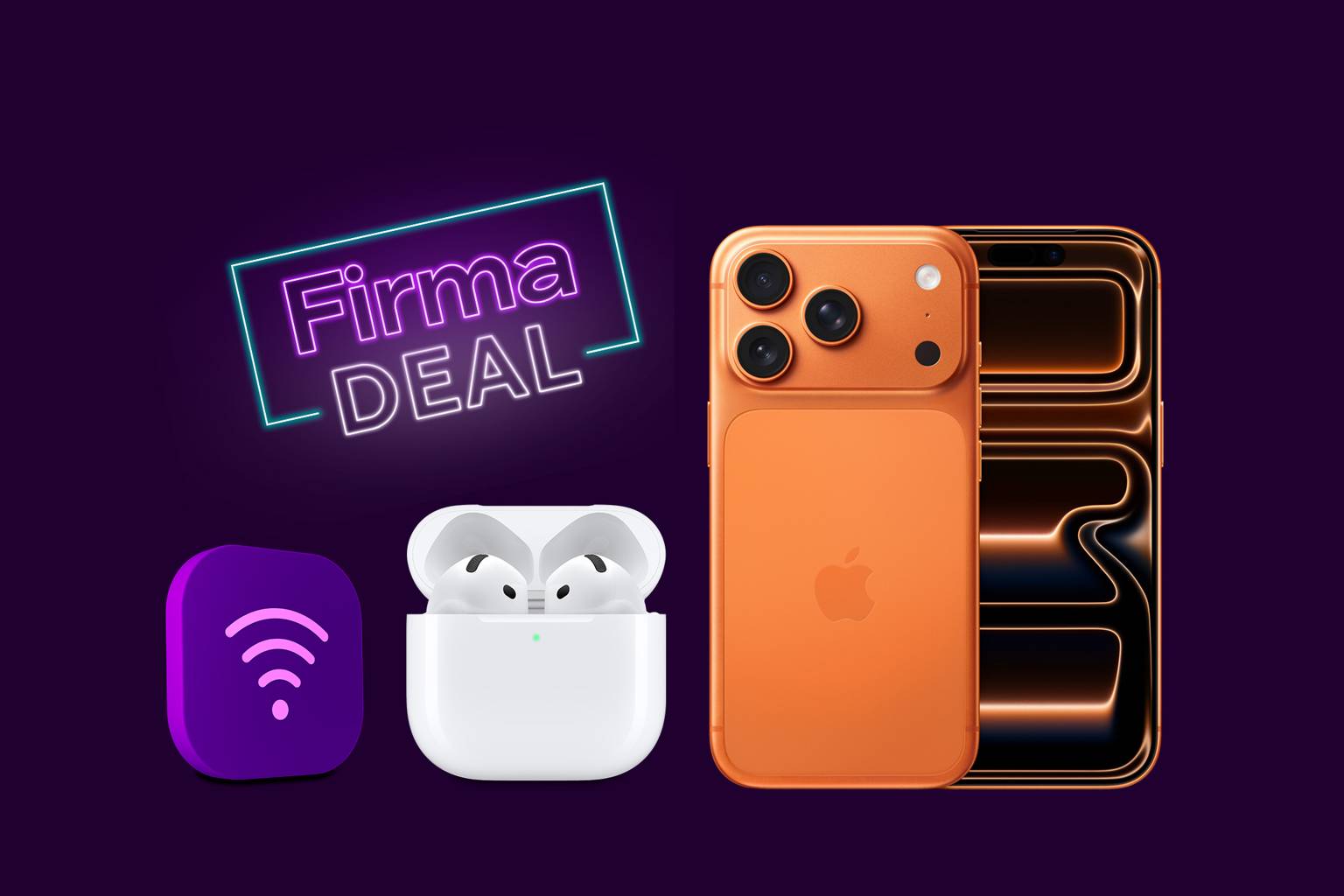 Apple AirPods 4 och iPhone 17 Pro med lila bakgrund – Firma deal från Telia