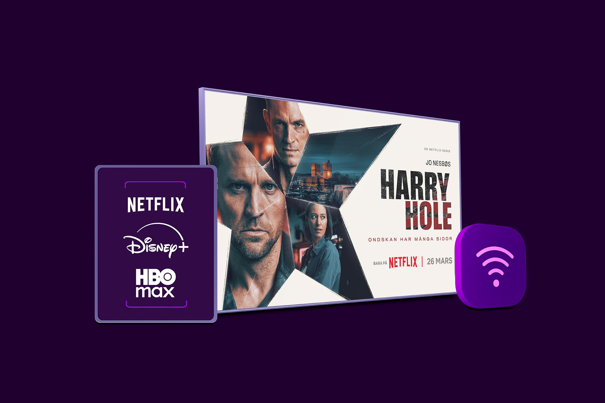 Netflix, Disney+ och HBO Max logotyper med en wifi-symbol och en tv-skärm med innehåll från Harry Hole på Netflix som symboliserar vårt paket med bredband, tv och streaming. Samla allt på ett ställe till paketpris nu!
