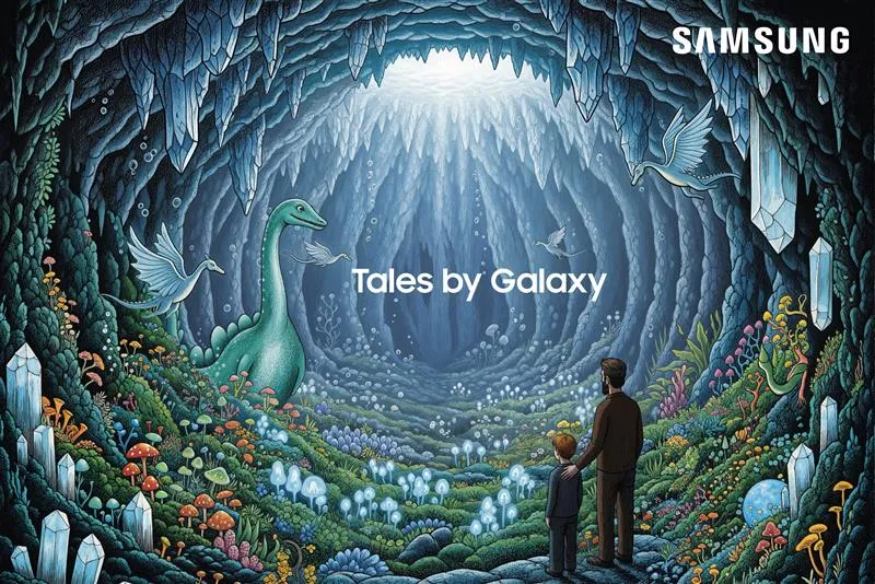 Illustration från Samsung av pappa och barn som tittar på drakar i en sagovärld