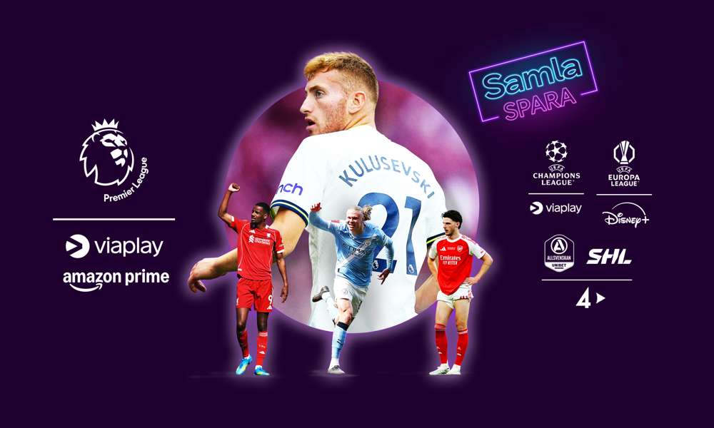 Fotbollsspelaren Dejan Kulusevski tillsammans med logotyper av sporträttigheterna och streamingtjänsterna som ingår i Största sportpaketet – såsom Premier League på Viaplay och Amazon Prime.