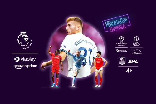 Fotbollsspelaren Dejan Kulusevski tillsammans med logotyper av sporträttigheterna och streamingtjänsterna som ingår i Största sportpaketet – såsom Premier League på Viaplay och Amazon Prime.