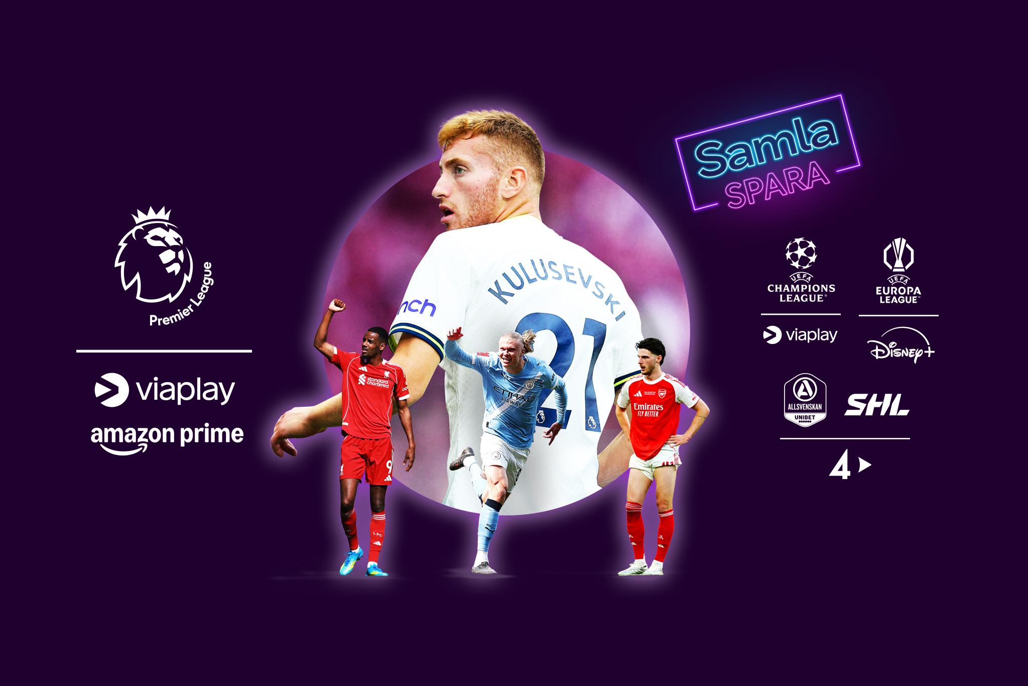 Fotbollsspelaren Dejan Kulusevski tillsammans med logotyper av sporträttigheterna och streamingtjänsterna som ingår i Största sportpaketet – såsom Premier League på Viaplay och Amazon Prime.