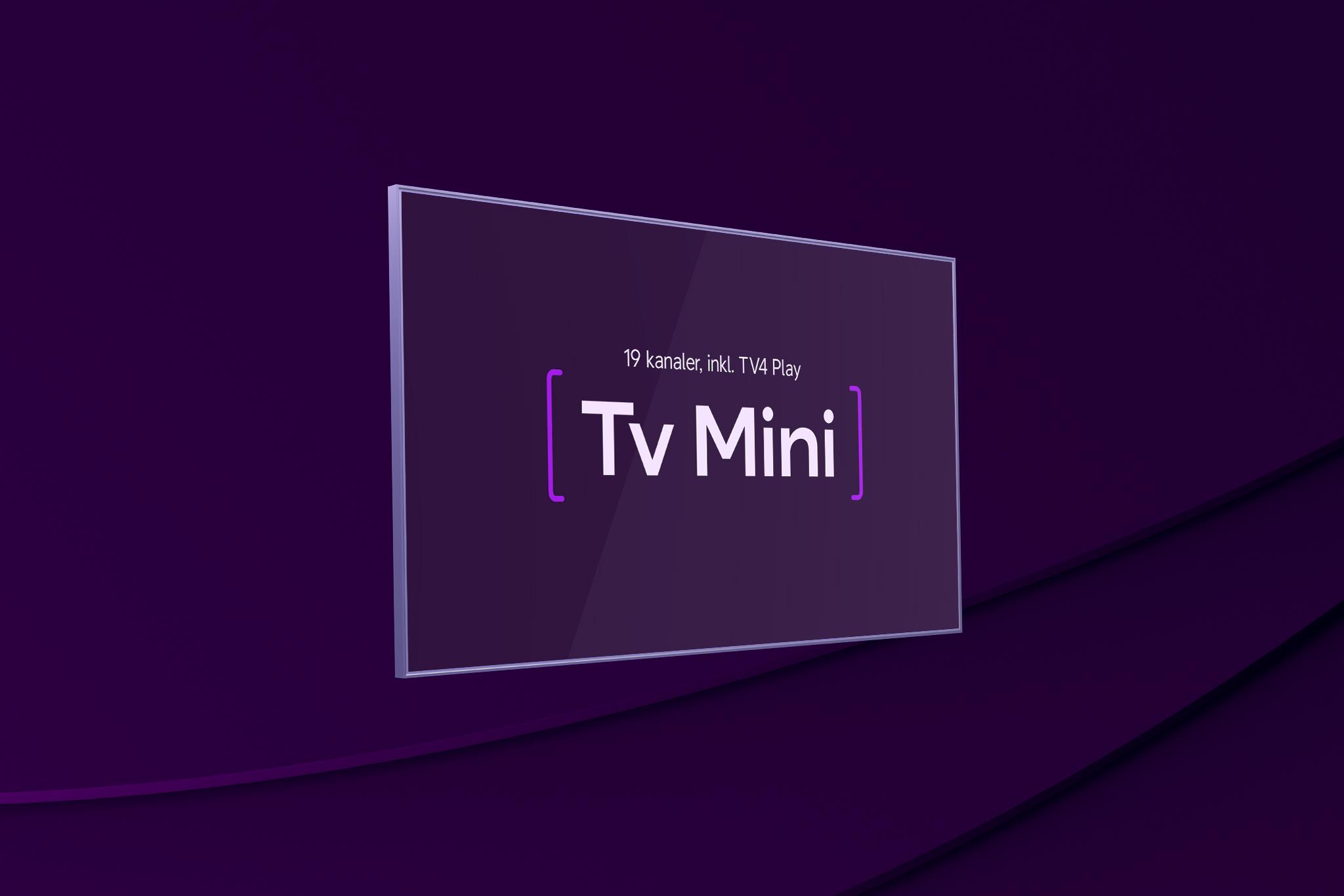 En tv-skärm bredvid med texten "Tv Mini" och "19 kanaler, inkl. TV4 Play" ovanför – som representerar vårt populära tv-paket Tv Mini.
