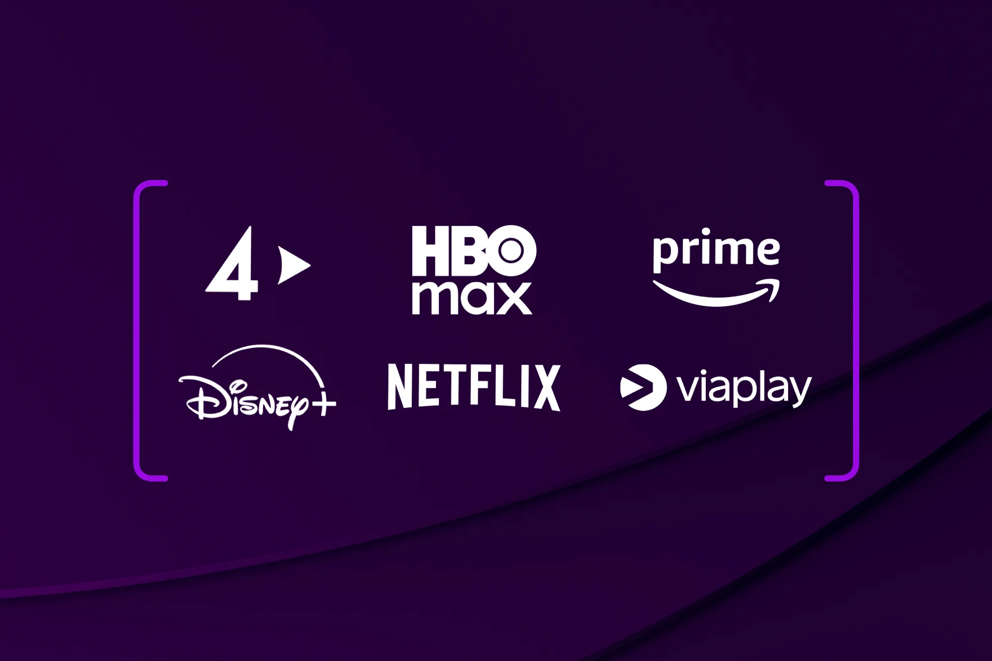 TV4 Play, Disney+, Max, Netflix, Amazon Prime och Viaplays logotyper, mot mörklila bakgrund.