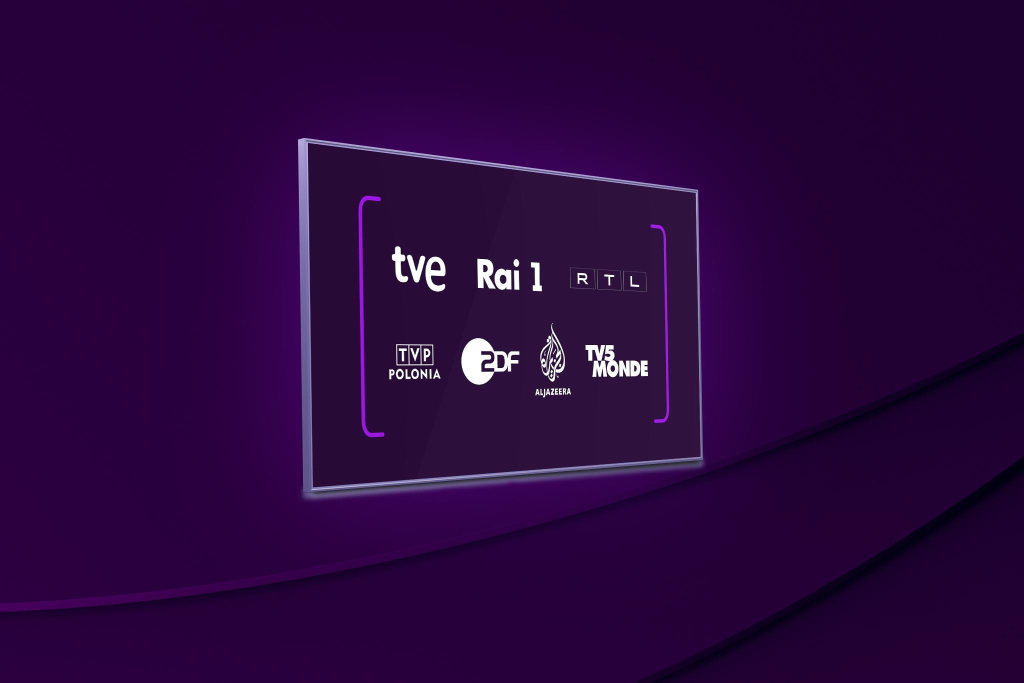 Komplettera ditt tv-paket genom att köpa till en eller flera tv-kanaler – välj bland internationella kanaler som TVE International, Rai Uno, RTL, TV Polonia, ZDF, Al Jazeera English och TV5 Monde.