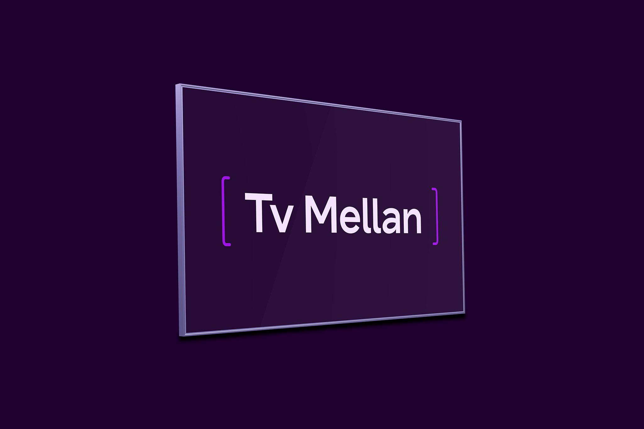 En tv-skärm med texten "Tv Mellan" som representerar vårt populära tv-paket Tv Mellan med hela 36 kanaler inkl. streaming från TV4 Play och BritBox.