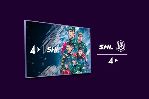 Tv-skärm med aktuella hockeyspelare i SHL tillsammans med SHL, HockeyAllsvenskan och TV4 Plays logotyper.
