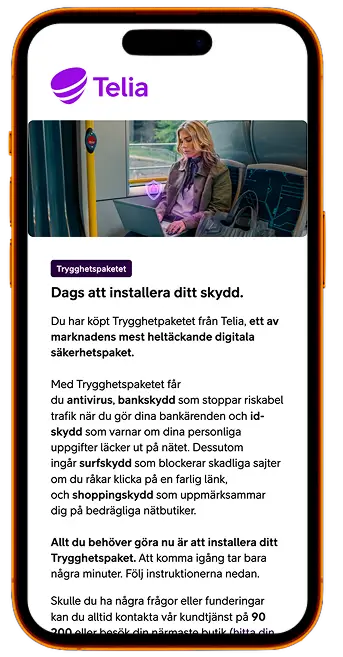 Printscreen på installationsmailet för Trygghetspaketet