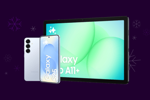 Samsung Galaxy S25 och Galaxy Tab A11+, lila bakgrund med snöflingor