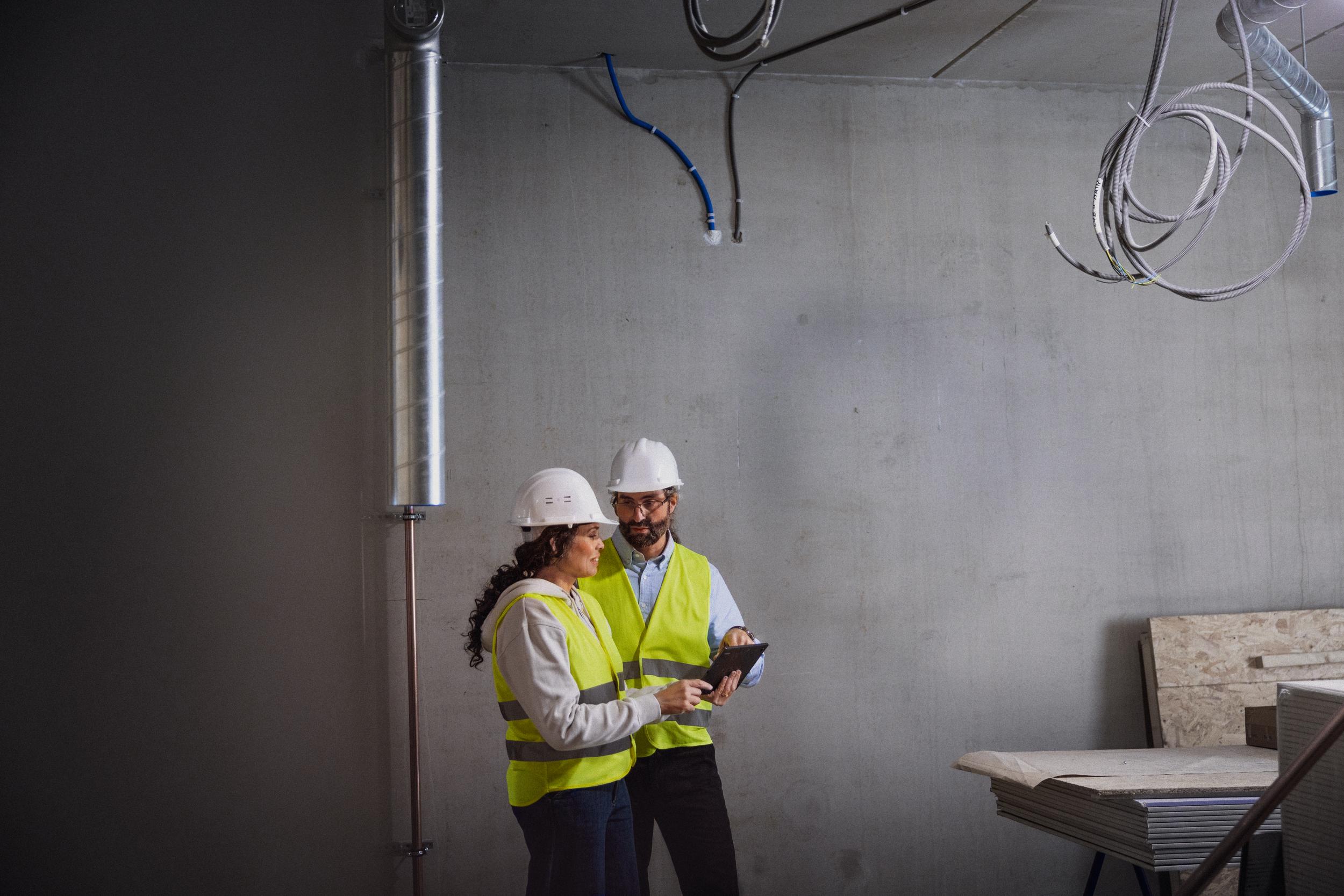 Man och kvinna med platta på byggarbetsplats