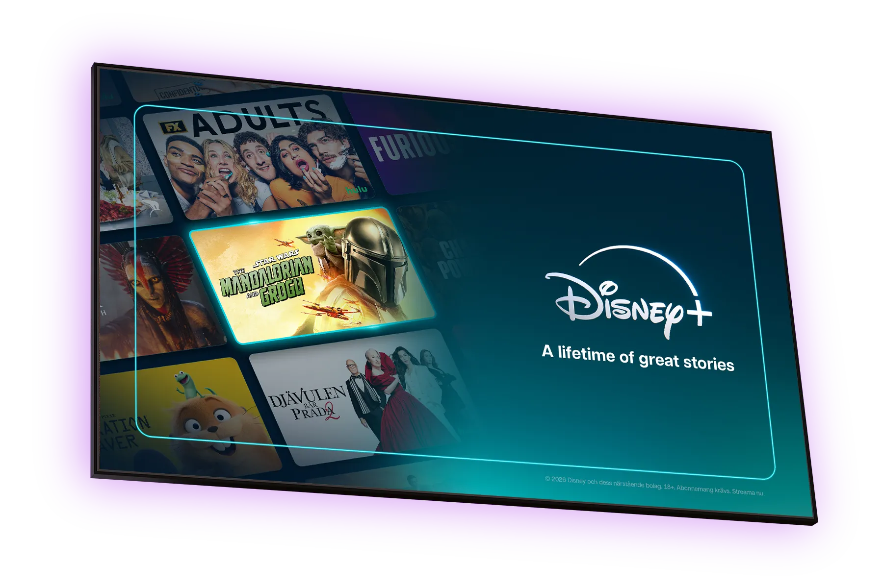 En tv-skärm med innehåll från några av  de populäraste filmerna och serierna på Disney+ just nu – streama Adult, Star Wars: The Mandalorian and Grogu och Djävulen bär Prada 2 på Disney+ med Telia.