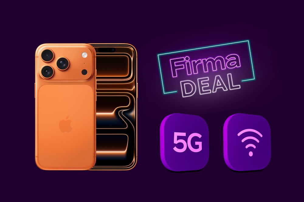 Iphone 17 Pro och lila ikoner för 5G och bredband med lila bakgrund.