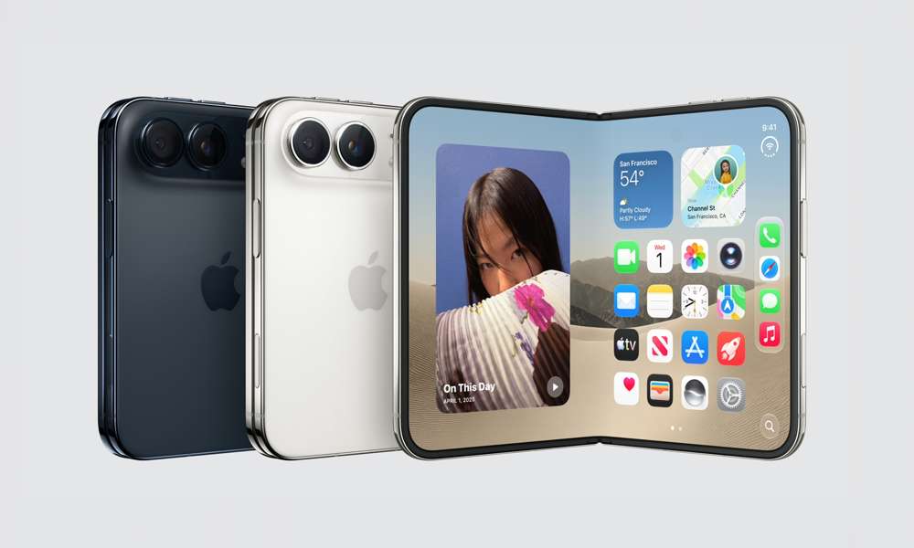 Apple iPhone 18 Duo baksida och vikbar utvikt skärm.