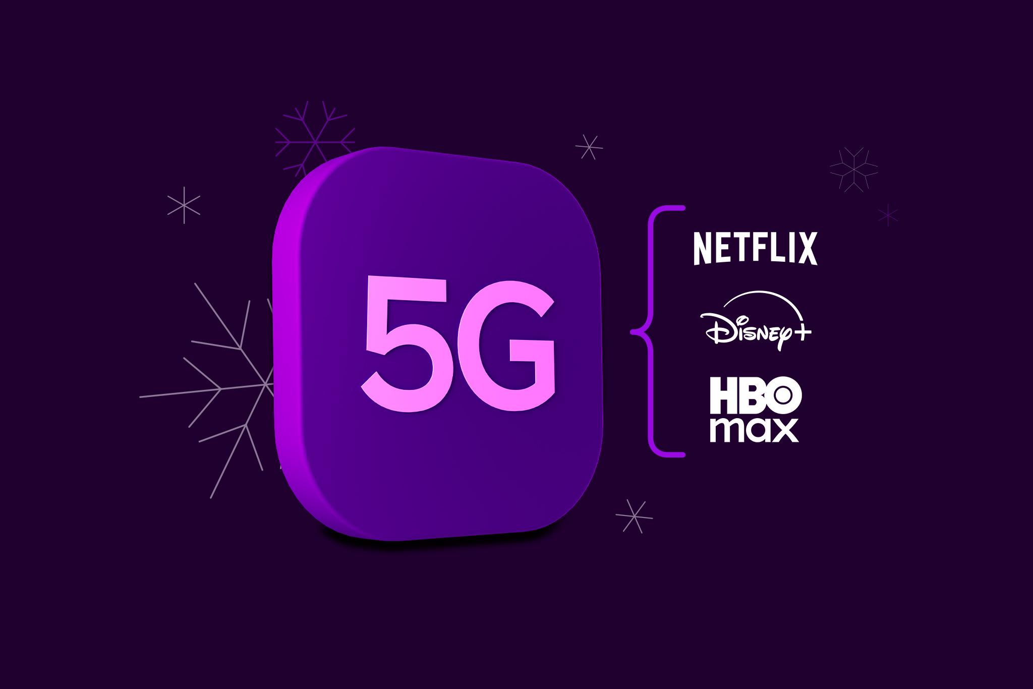 5G ikon med Netflix, HBO Max & Disney+ med snöflingor