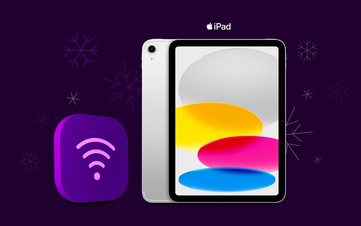 iPad 11 5G och ikon för mobilt bredband, lila bakgrund med snöflingor