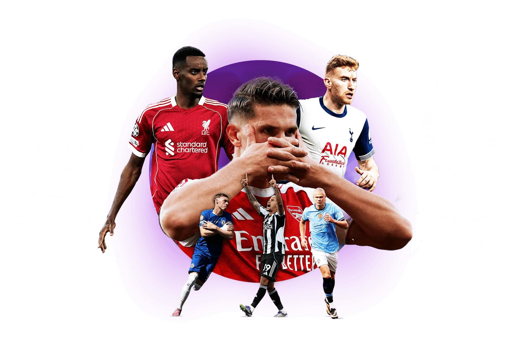 Aktuella fotbollsspelare tillsammans med streamingtjänsterna som ingår i Stora sportpaketet: Viaplay, Amazon Prime, Disney+ och HBO Max.