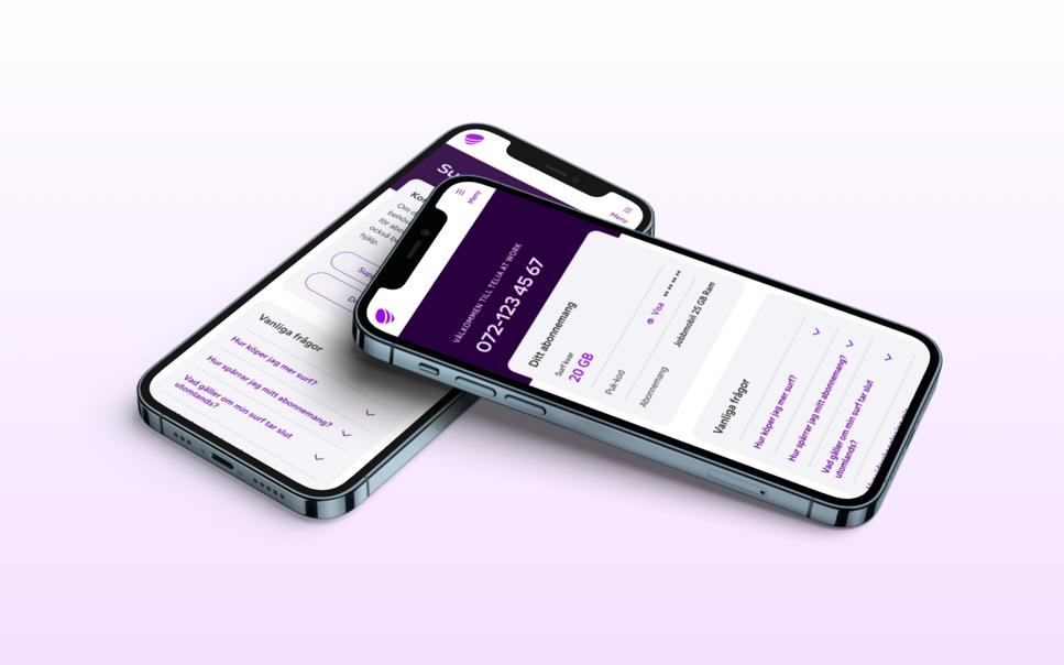 Bild som visar två mobiltelefoner som har tjänsten Telia at Work på skärmen.
