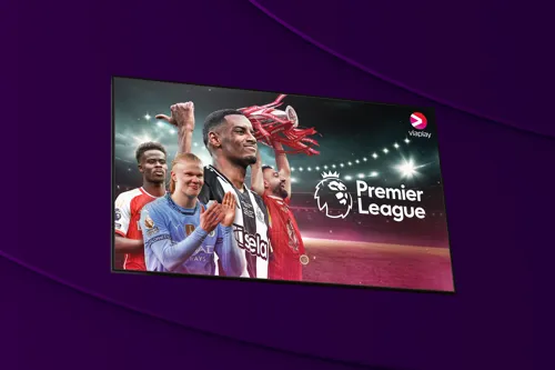 Aktuella fotbollsspelare från Premier League 2025/2026 med Viaplay och Premier Leagues logotyper bredvid. 
