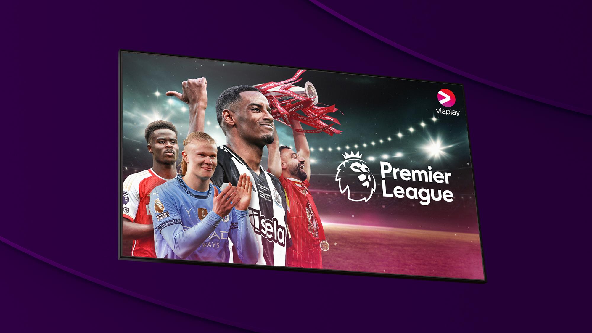 Aktuella fotbollsspelare från Premier League 2025/2026 med Viaplay och Premier Leagues logotyper bredvid. 