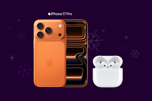 iPhone 17 Pro och AirPods 4, lila bakgrund med snöflingor