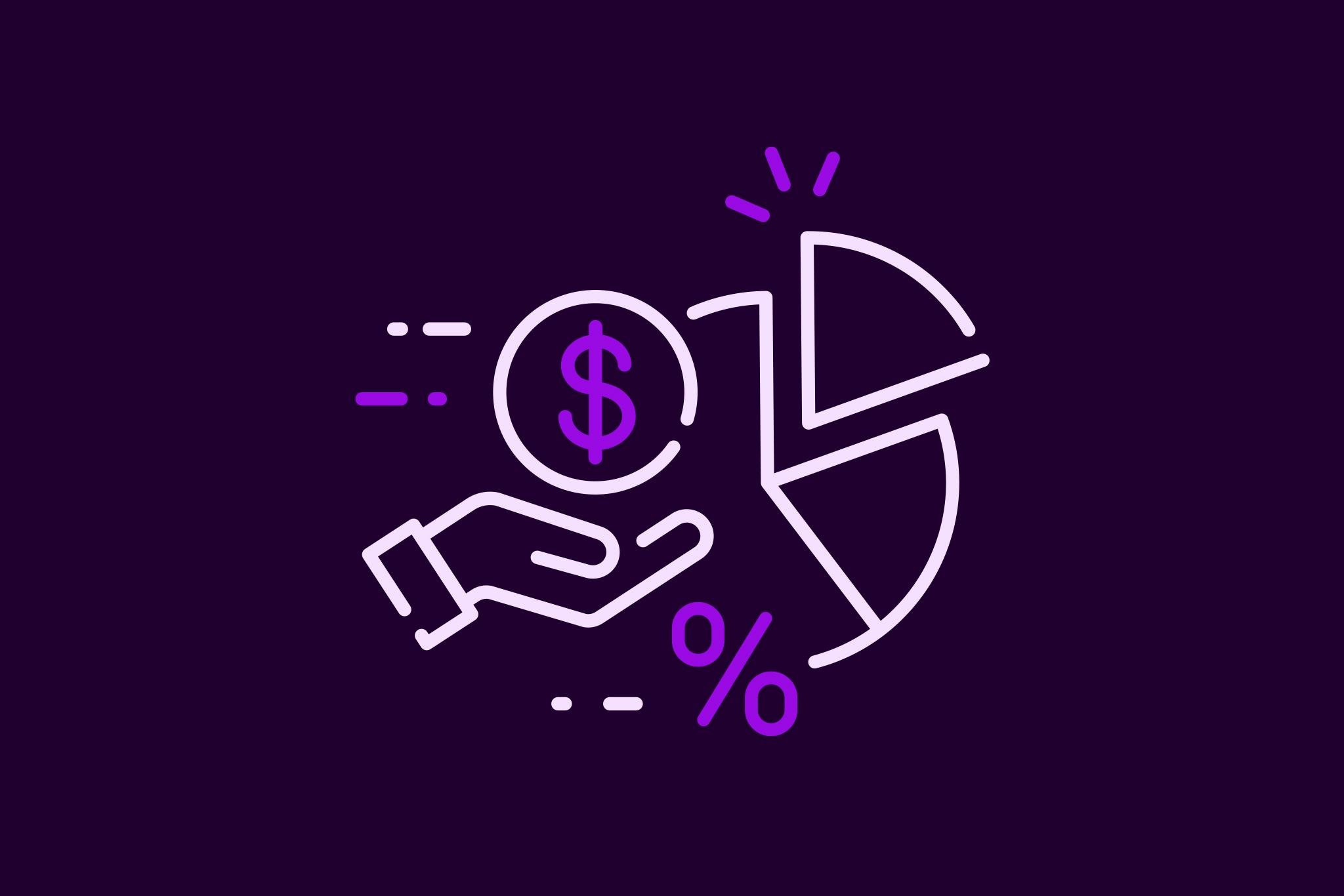 Ikoner som föreställer en cirkel med delade tårtbitar som symboliserar en delad faktura, mot mörklila bakgrund.